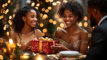 joyful family gathers around dining table sharing wrapped gifts and enjoying treats. Candlelight illuminates smiles highlighting warmth of Eid al Fitr traditions photo