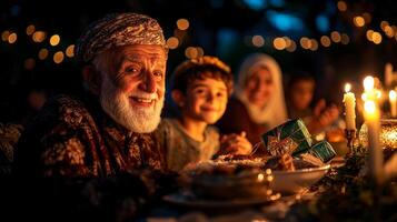 joyful Muslim family gathers around beautifully set table for Eid al Fitr sharing traditional dishes and exchanging gifts soft candlelight embodying love and unity photo