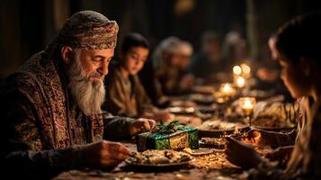 Muslim family gathers around beautifully arranged table for Eid al Fitr sharing laughter and exchanging gifts wrapped in gold and green creating warm festive atmosphere photo