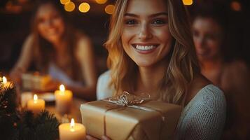 joyful family enjoys festive gathering around beautifully set dining table exchanging gifts and indulging in traditional sweets warm glow of candlelight photo