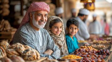 joyful gathering of multi generational Muslim family sharing festive meal during Eid al Fitr surrounded colorful decorations and traditional sweets photo