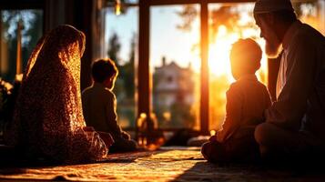 Muslim family gathers in their living room pray together during Eid al Fitr as soft sunlight filters through windows creating peaceful and reflective environment photo