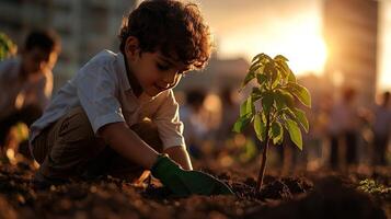 vibrant group of adults and children work together in open field planting trees as part of charity initiative embodying community spirit and environmental stewardship during Eid al Fitr photo
