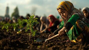 People of Muslim community work together plant trees in open field during charity event. Children and adults use shovels create greener environment for everyone photo