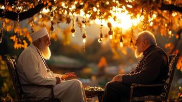 Muslim doctor in white coat offers free medical assistance elderly man in peaceful rural setting. warm afternoon sunlight filters through trees creating serene atmosphere photo