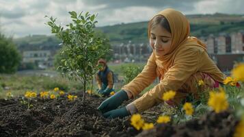Families and children come together plant trees in open field promoting environmental sustainability while celebrating Eid al Fitr through community service and teamwork photo