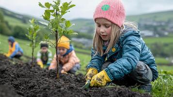 Families participate in charity event planting trees in open field photo