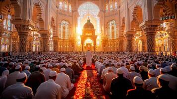 Imam stands front delivering Khutbah vast audience of worshippers gathered in stunning mosque intricate Islamic architecture emphasizing community and faith photo