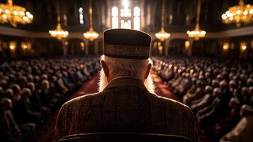 Imam stands before large group of worshippers delivering Khutbah while intricate details of mosque's architecture provide beautiful backdrop during Friday prayers photo