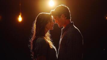 Two actors stand closely together in dimly lit backstage area whispering lines while preparing step onto stage. Their intense focus contrasts distant sounds of laughter photo