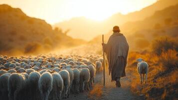 shepherd wearing traditional woolen clothing leads large flock of sheep through misty meadow sunrise accompanied loyal sheepdog creating peaceful atmosphere photo