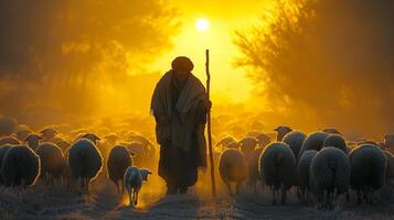 rural shepherd in traditional woolen clothing guides large flock of sheep through misty meadow sunrise. His loyal sheepdog runs alongside creating serene timeless moment photo