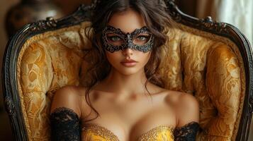 sophisticated woman sits confidently on vintage armchair dressed in luxurious black and gold Venetian style mask photo