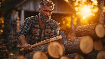 strong farmworker in plaid shirt swings axe split logs precision during sunset. Behind him stacked firewood adds rustic atmosphere of farm photo