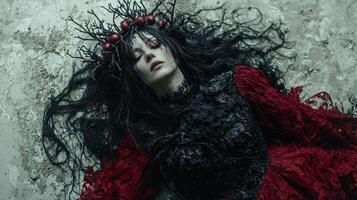 Persephone ascends from underworld in flowing black and crimson robes crowned pomegranate seeds as Hades watches her return world filled golden spring light photo