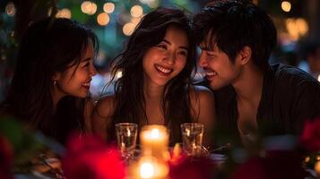 Three stylish partners enjoy romantic evening filled affection and laughter luxurious restaurant. candlelit table and intimate setting enhance their deep bond and connection photo
