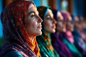 row of Muslim women wearing vibrant abayas and headscarves perform synchronized prayers in mosque showcasing unity and devotion during Eid al Fitr celebrations photo