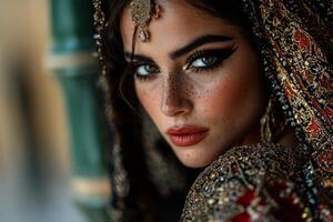 woman stands on traditional tiled balcony dressed in stunning Moroccan kaftan adorned intricate embroidery photo