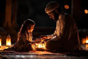 In warm living room adorned lanterns siblings exchange thoughtful gifts embracing spirit of Eid al Fitr while dressed in traditional attire celebrating family and unity photo