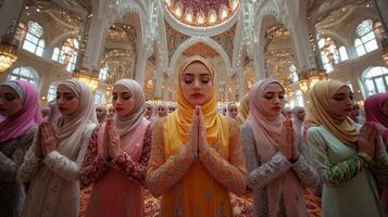 Inside beautifully adorned mosque row of women in vibrant hijabs stand in prayer during Eid al Fitr. Soft lighting highlights their devotion and shared traditions in festive gathering photo