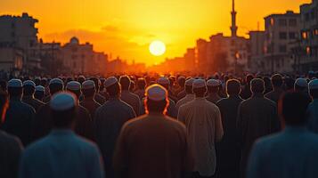 small group of men is engaged in prayer as sun sets creating warm and peaceful atmosphere. sound of Adhan resonates marking significant moment during Eid al Fitr photo