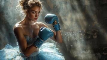 Caught mid punch ballerina in vivid blue tutu and boxing gloves trains hard in vintage gym. Dramatic shadows enhance her power against muted backdrop photo