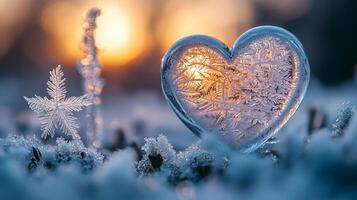 crafted icy heart glows softly blue hue surrounded delicate snowflakes and mist. Towering icicles and pale light create chilling winter ambiance photo