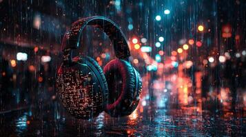 Cyberpunk inspired headphones showcase angular lines and glowing neon circuits. backdrop features rain soaked streets illuminated vibrant city lights night creating urban atmosphere photo