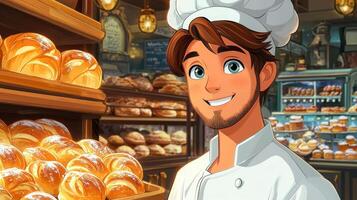 cheerful cartoon baker in chef's hat pulls tray of freshly baked bread from oven. warm bakery is adorned shelves of tempting pastries creating inviting atmosphere photo