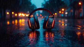 striking pair of cyberpunk inspired headphones features angular lines and holographic panels illuminated neon circuits photo