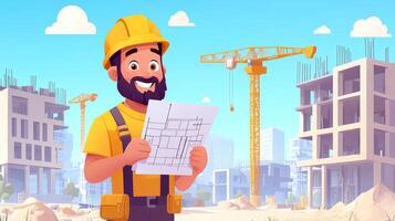 Cartoon construction worker wears yellow hard hat and holds blueprint in one hand while gripping hammer in other. Cranes and unfinished buildings fill construction site photo