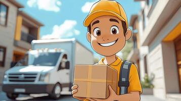 Cartoon delivery worker in uniform smiles while holding package outside sunny suburban house delivery truck parked nearby showcasing positive delivery experience photo