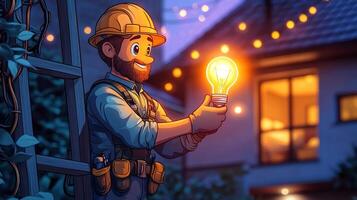 Electrician in toolbelt is repairing vibrant light bulb while standing on tall ladder. Behind him cozy home showcases organized wires and warm indoor lighting dusk photo