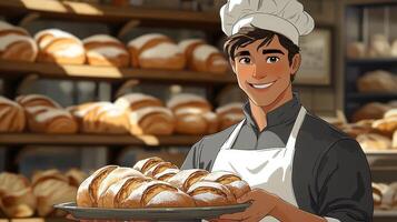 cheerful cartoon baker dons chef's hat while pulling tray of fresh bread from oven in warm and inviting bakery filled pastries on shelves photo