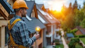 cartoon electrician wearing toolbelt is skillfully fixing bright light bulb on tall ladder. cozy home backdrop features neatly organized wires and warming sunset glow photo