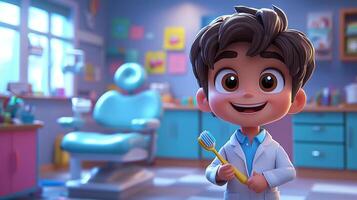 friendly cartoon dentist in white coat stands in vibrant dental office. He holds large toothbrush encouraging good dental habits while surrounded colorful tools and patient chair photo