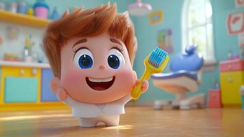 friendly cartoon dentist in white coat stands in vibrant dental office holding giant toothbrush while smiling photo