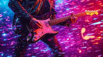 cartoon musician passionately plays guitar on small stage surrounded dazzling lights. lively audience enjoys performance as musical notes float around photo