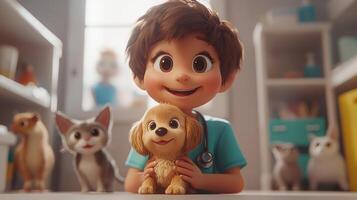 cartoon veterinarian in scrubs gently examines happy puppy. Other animals including cat and bird add lively atmosphere of vibrant clinic photo