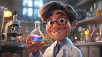 cartoon scientist smiles while holding bubbling flask filled vibrant liquid. laboratory features microscopes glowing test tubes and various scientific tools photo