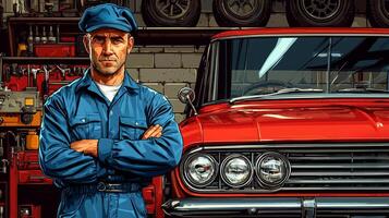 cartoon mechanic in blue jumpsuit holds wrench while leaning against bright red car. workshop is bustling toolboxes and various vehicle parts in background photo
