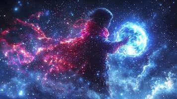 celestial woman envelops luminous planet grace and warmth surrounded shimmering stars and colorful nebulae symbolizing deep connection universe photo