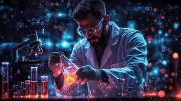 cartoon scientist in white lab coat examines bubbling flask filled colorful liquid photo