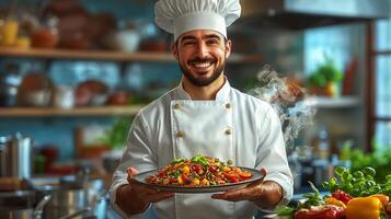 cheerful cartoon chef in white uniform proudly holds steaming plate of delicious food photo