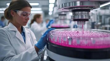 Blood samples are being spun in centrifuge for plasma separation. Nearby test tubes contain various blood components. Scientists work diligently in lab environment photo