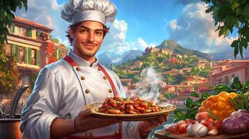 joyful cartoon chef in white uniform proudly presents steaming plate of delicious food lively kitchen backdrop featuring pots pans and various fresh ingredients photo