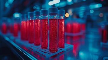 Test tubes filled vibrant blood samples are neatly organized in laboratory rack photo