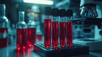 Test tubes containing blood samples are organized in laboratory rack illuminated soft lighting photo