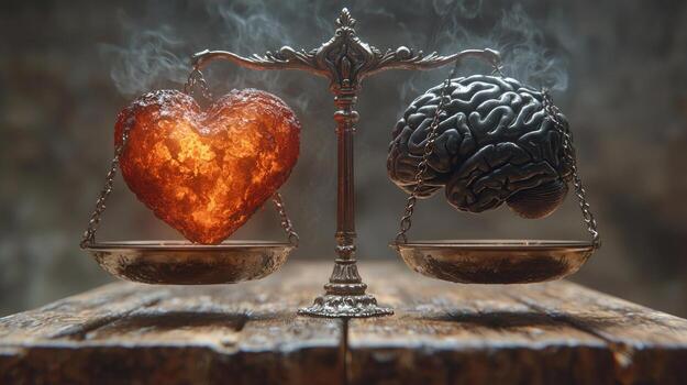striking visual juxtaposes glowing heart and detailed brain on balanced scale representing ongoing conflict between feelings and reason photo