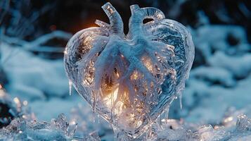 detailed anatomical ice heart displays cracks across its frozen surface glowing faintly in blue. Frost spirals away surrounded shattered glass reflecting heartbreak and disillusionment photo